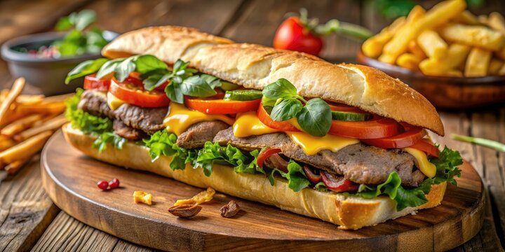 Juicy steak and melted cheese nestled among crispy veggies, served on a toasted hoagie roll alongside a side of crispy golden fries and fresh greens.