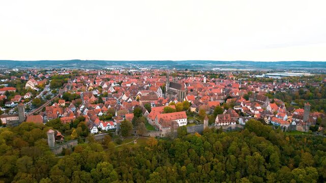 Aerial view of historic Rothenburg ob der tauber, Germany during autumn time.