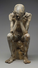 Fototapeta premium Sculpture of Despair: Emaciated Figure Sitting with Head in Hands