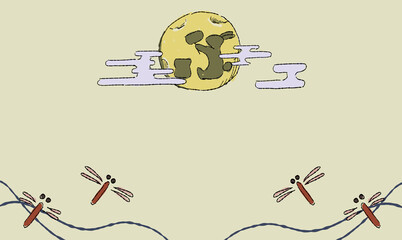 ベージュのお月見の背景イラスト、とんぼとともに。ペン画風の手描きタッチ。　月にはうさぎの影。模様付き。 © chockwhooll