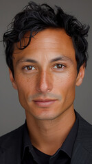 Fototapeta premium Confident Man in Dark Suit with Curly Hair and Freckles Staring at Camera on Gray Background