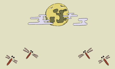 ベージュのお月見の背景イラスト、とんぼとともに。ペン画風の手描きタッチ。　月にはうさぎの影。 © chockwhooll