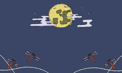 星空のお月見背景イラスト、とんぼとともに。ペン画風の手描きタッチ。　月にはうさぎの影。　模様付き。 © chockwhooll