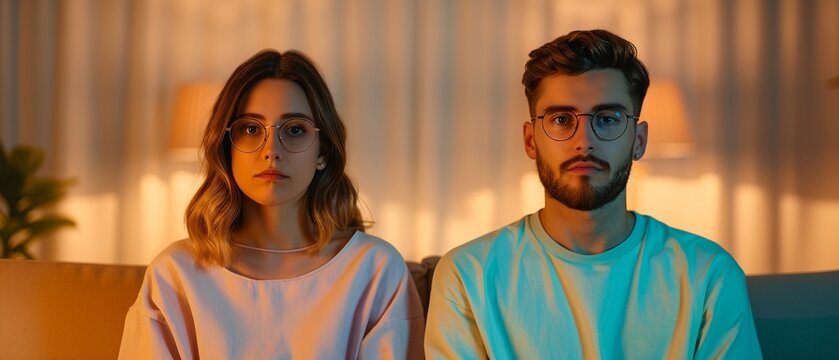 A couple sitting apart on a sofa, avoiding eye contact, the air filled with unease, realistic photo, high detail, companions in a disagreement