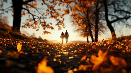 Two lovers enjoying a walk along a leafstrewn path on a crisp autumn day, holding hands and smiling, realistic photo, high detail, affection and togetherness