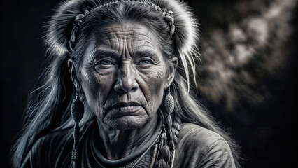 Obraz premium A Close-up of an Elderly Native American Woman With a Serious Expression. She Has a Fur Headdress and Is Wearing Traditional Clothing.