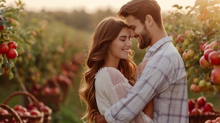Fototapeta premium Partners embracing in an apple orchard, baskets filled with freshly picked apples around them, warm autumn light, realistic photo, high detail, closeness and harvest unity