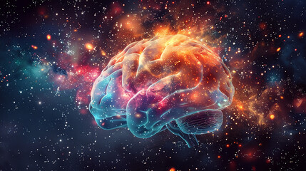 Cosmic Neuroscience: Glowing Brain in Outer Space Illustrating Creativity and Intelligence