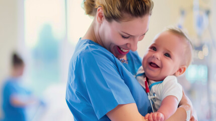 Closeup of a nurse smiling while holding a happy baby