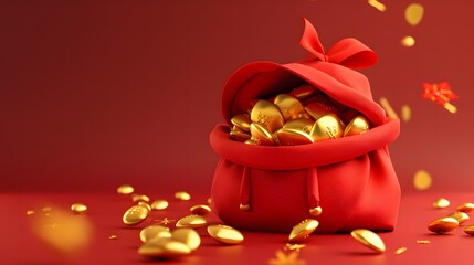 3D visualization showing a red cartoon festive bag being opened to reveal a shiny gold ingot, emphasizing themes of fortune and festivity
