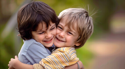 Two best friends hugging and smiling, children enjoying the summer