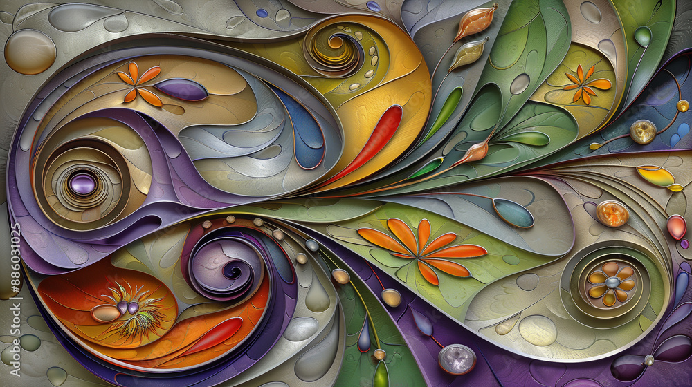 Poster vibrant abstract floral swirl with multicolored elements..