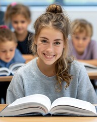 Fototapeta premium A teacher feeling fulfilled while reading to children on World Book Day, more clarity with clear light and sharp focus, high detailed