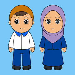 Muslim kids with school uniform vector art illustration