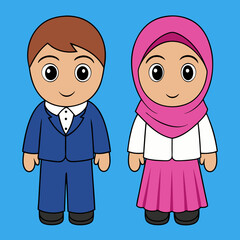 Muslim kids with school uniform vector art illustration