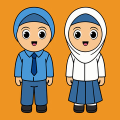 Muslim kids with school uniform vector art illustration