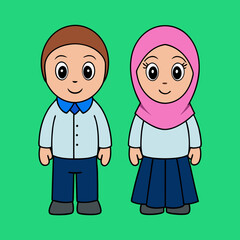 Muslim kids with school uniform vector art illustration