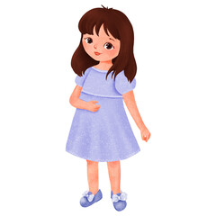 Charming girl with brown hair in blue dress, designed for childrens apparel and fashion