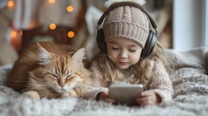 A young child and a fluffy cat share a cozy moment, enjoying music together in a warm, festive ambiance.