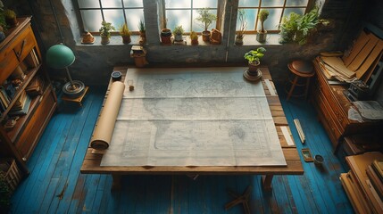 An antique map room filled with historical maps and botanical samples evokes a sense of adventure and discovery.