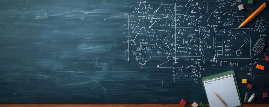 A chalkboard filled with mathematical equations and formulas