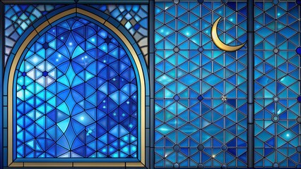 Blue stained glass window with stars and moon , stained glass, blue, window, stars, moon, celestial, night sky