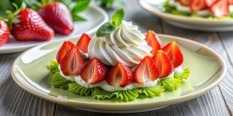 Close-up of a matcha dessert plate with sliced fresh strawberries and whipped cream topping, matcha, dessert