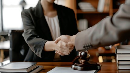Businesswoman shaking hands to make a deal with her partner lawyers or attorneys discussing a contract agreement.