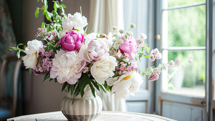 Beautiful bouquet of flowers in vase. Floral arrangement