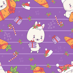 Christmas seamless pattern with cute bunny in Santa hat with gift ang carrot on purple background with holly and caramel. Christmassy kawaii animal character. Vector illustration. Kids collection