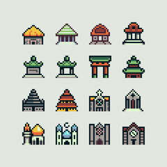 Popular buildings pixel art 80s style icons set isolated vector illustration. Banner for the tourist tour famous monuments. Vacation time. Tourist attraction landmark.  Design for stickers and logo