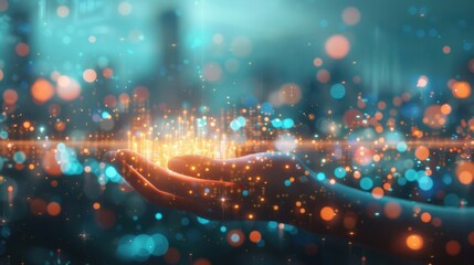 Obraz premium A hand holding a glowing digital cityscape with bokeh lights, representing futuristic technology and innovation.