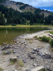 lake in mountain forest with rock shoreline