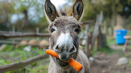A donkey enjoying a treat of a carrot