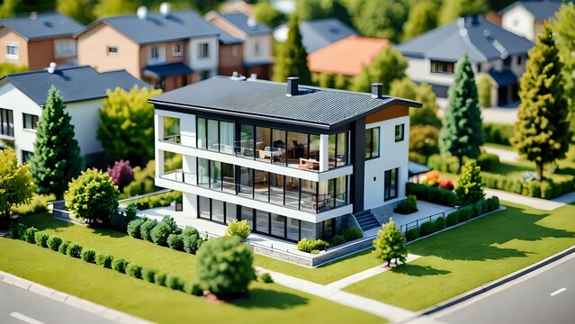 Miniature model of a modern house with a lawn and trees.