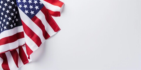 American flags against white background. Flat lay with copy space. Happy Labor Day or 4th july concept.