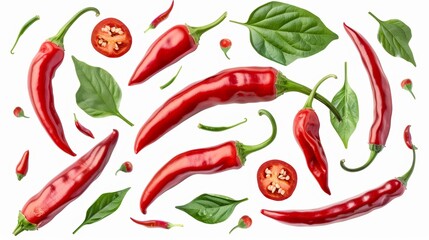 Collection chili pepper with leaves. Red hot chili pepper isolated on white background. Hot pepper fruit. Chili macro studio photo