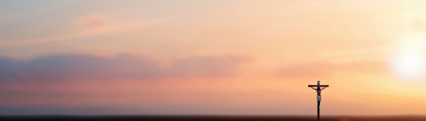 Obraz premium Tranquil sunset with a lone cross symbolizing peace and reflection against a colorful sky.