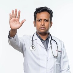 Fototapeta premium a handsome 40 year Indian doctor, raised hand, stop gesture, confident expression
