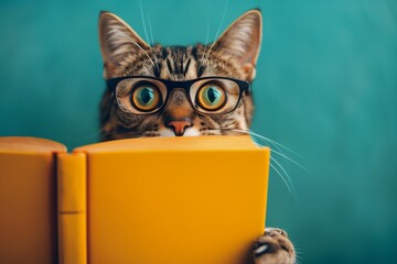 A tabby cat with glasses hides behind a yellow book, against a turquoise background, displaying a surprised facial expression. The scene captures the cat's curious and startled look.