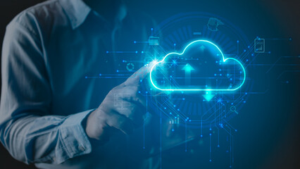 hand touch cloud computing diagram.Data storage.the use of online digital network technology in...