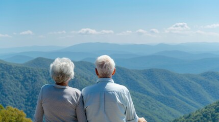 Senior couple admiring the view from a mountain lookout, a breathtaking destination, capturing their adventure in a stunning region