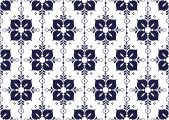 dark blue symbol floral on White background, ethnic fabric seamless pattern design for cloth, carpet, batik, wallpaper, wrapping etc.