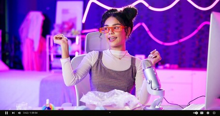 Girl, live stream and social media in home with screen, ux and content creation with sound for therapy. Person, woman or influencer with computer, microphone and audience POV with ui for broadcast