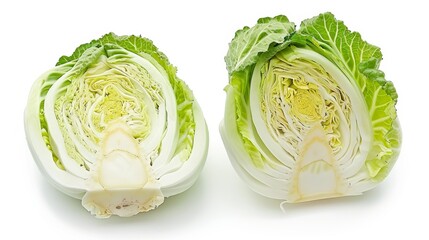 Napa cabbage. whole and half. Chinese cabbage. top view. Nappa. Wombok. Raw. fresh. uncooked. green vegetable. Brassica rapa Perkinensis Group.Macro food photo close up. isolated on white background.