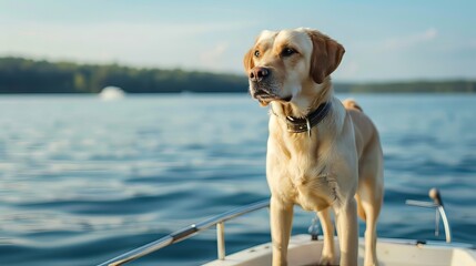 Golden retriever standing on a boat and looking out at the lake