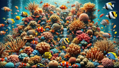 Naklejka premium Vibrant Underwater Coral Reef with Colorful Fish