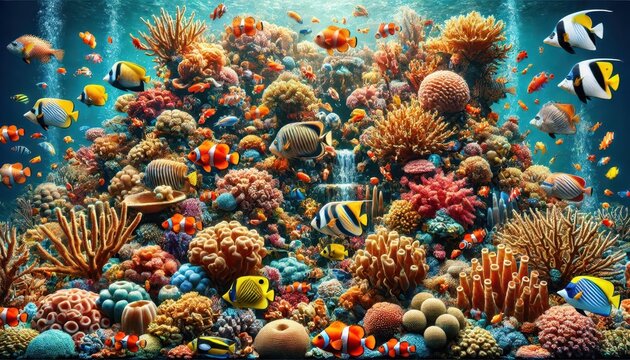 Vibrant Underwater Coral Reef with Colorful Fish
