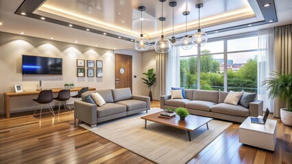 Smart home technology featuring a modern living room with automated lighting