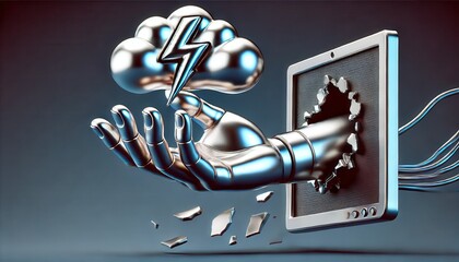 Metallic Hand Emerging From Broken Screen Holding Cloud With Lightning Bolt.